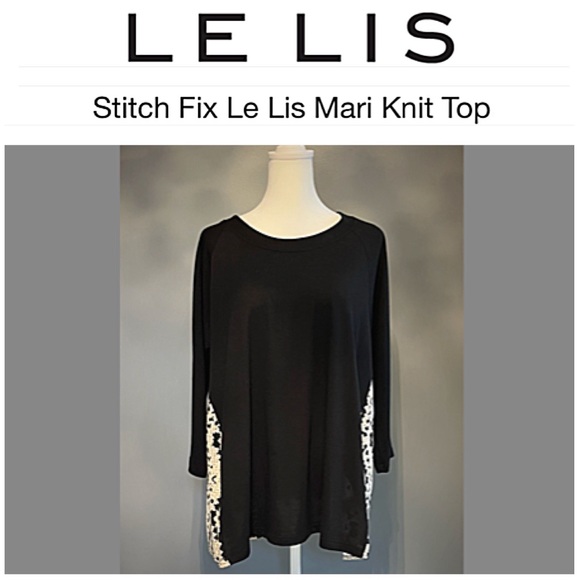 STITCH FIX LE LIS Mari M Black Pattern Mix Material 3/4 Sleeve Knit High-Low Top - Picture 1 of 11